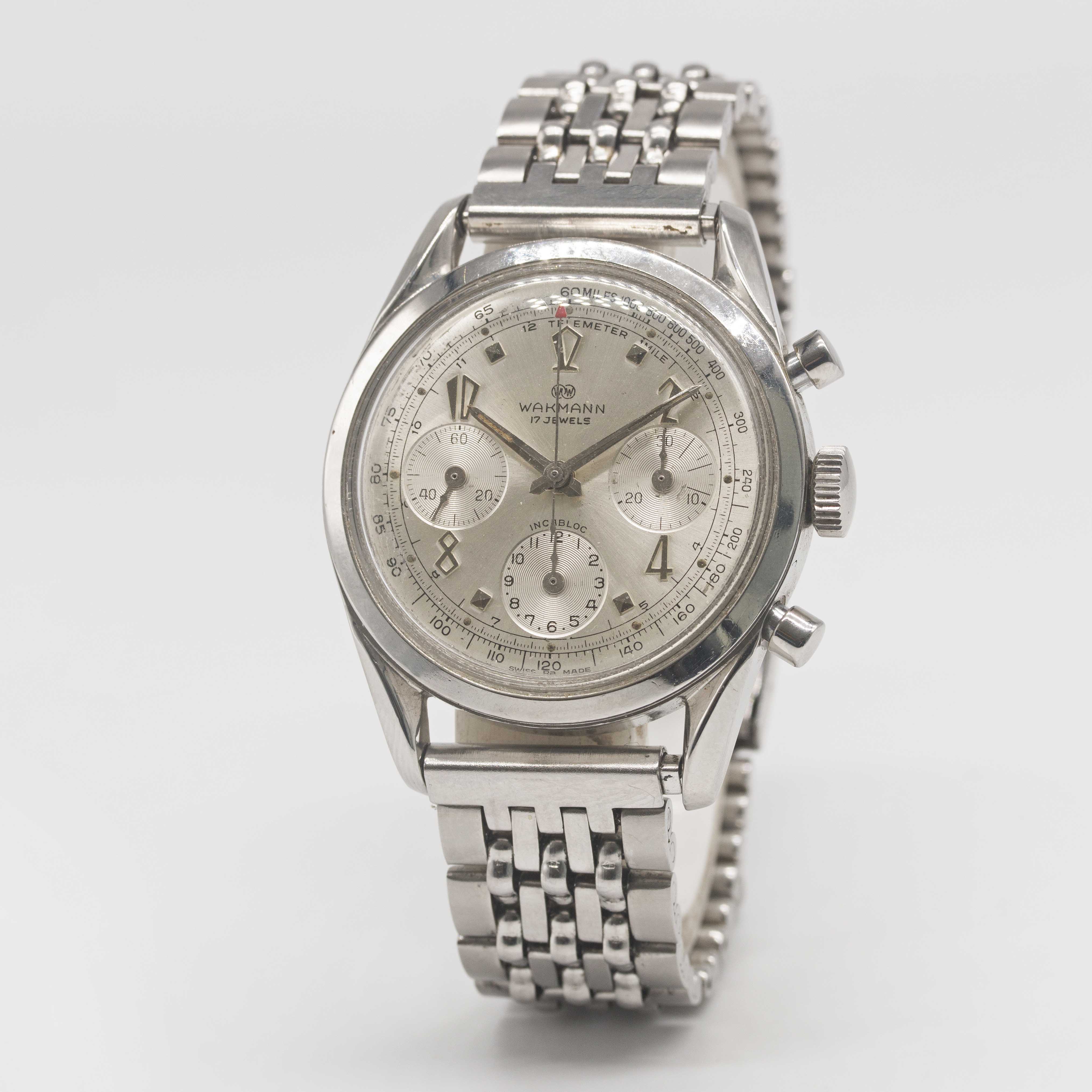 A GENTLEMAN'S STAINLESS STEEL WAKMANN CHRONOGRAPH BRACELET WATCH CIRCA 1960s, WITH "TWISTED" - Image 3 of 9