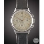 A GENTLEMAN'S LARGE SIZE STAINLESS STEEL UNIVERSAL GENEVE COMPAX CHRONOGRAPH WRIST WATCH CIRCA 1950,