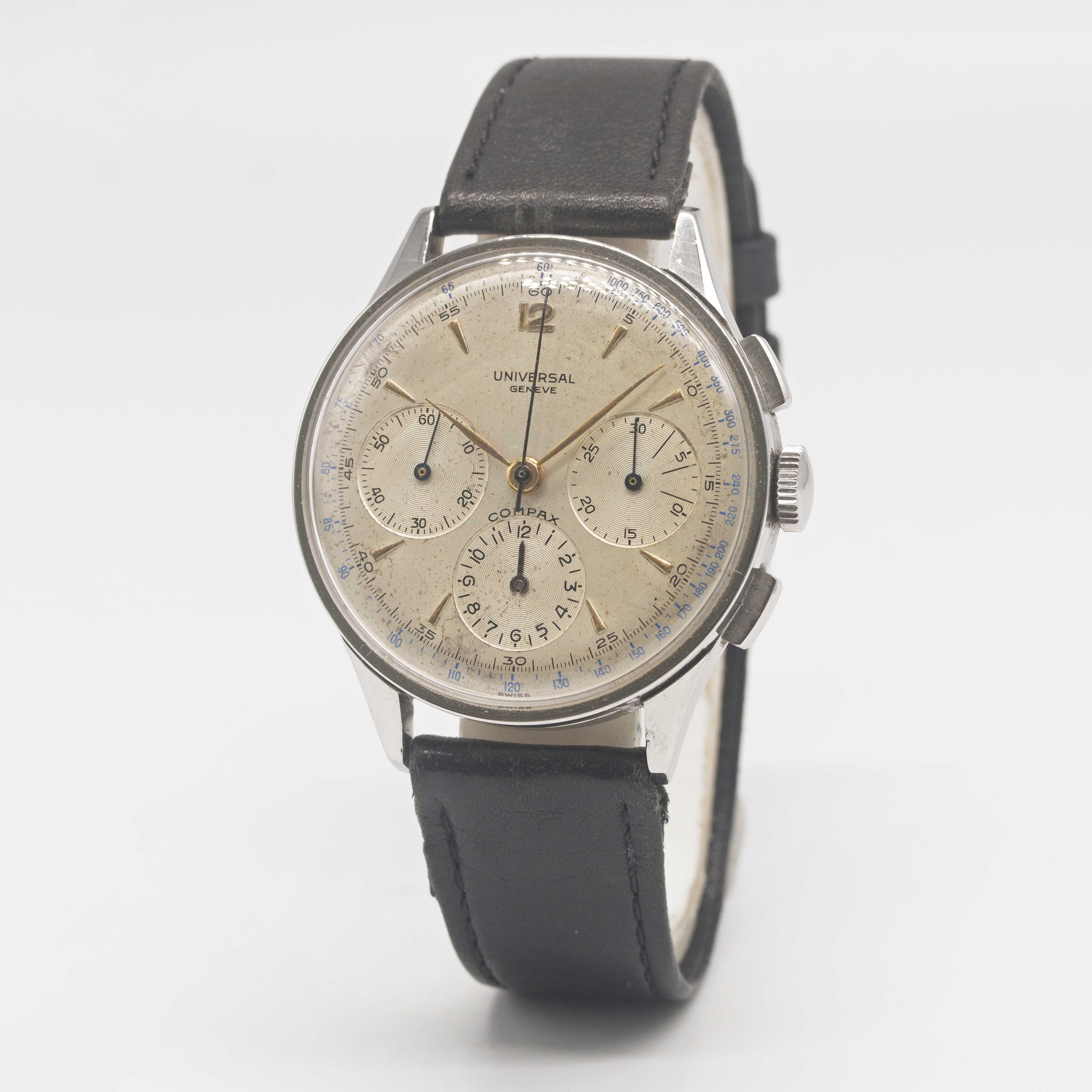 A GENTLEMAN'S LARGE SIZE STAINLESS STEEL UNIVERSAL GENEVE COMPAX CHRONOGRAPH WRIST WATCH CIRCA 1950, - Image 3 of 9