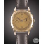 A GENTLEMAN'S 18K SOLID ROSE GOLD CHRONOGRAPHE SUISSE WRIST WATCH CIRCA 1940s Movement: Manual wind.