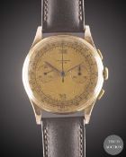 A GENTLEMAN'S 18K SOLID ROSE GOLD CHRONOGRAPHE SUISSE WRIST WATCH CIRCA 1940s Movement: Manual wind.