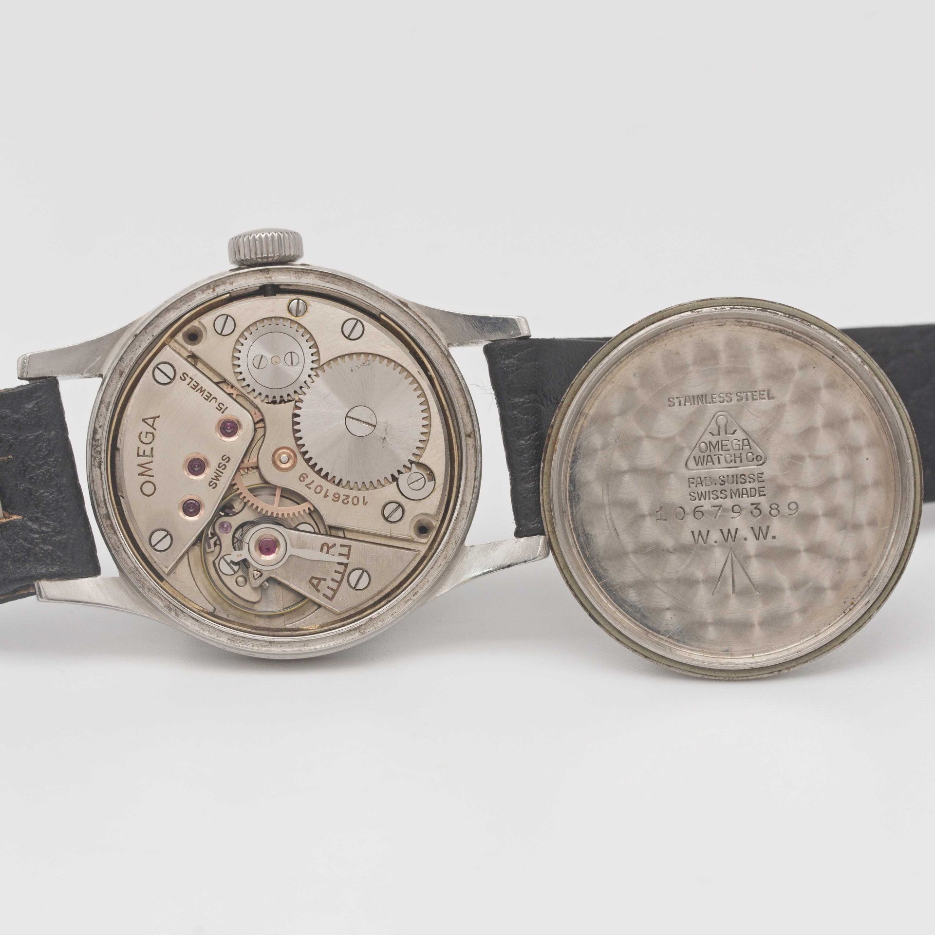 A GENTLEMAN'S STAINLESS STEEL BRITISH MILITARY OMEGA W.W.W. WRIST WATCH CIRCA 1945, PART OF THE " - Image 7 of 9