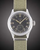 A GENTLEMAN'S STAINLESS STEEL BRITISH MILITARY TIMOR W.W.W. WRIST WATCH CIRCA 1945, PART OF THE "