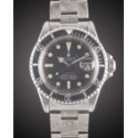 A GENTLEMAN'S STAINLESS STEEL ROLEX OYSTER PERPETUAL DATE "RED WRITING" SUBMARINER BRACELET WATCH