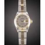 A LADIES STEEL & GOLD ROLEX OYSTER PERPETUAL DATEJUST BRACELET WATCH DATED 1998, REF. 69163 WITH