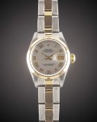 A LADIES STEEL & GOLD ROLEX OYSTER PERPETUAL DATEJUST BRACELET WATCH DATED 1998, REF. 69163 WITH