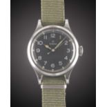 A GENTLEMAN'S STAINLESS STEEL BRITISH MILITARY OMEGA RAF PILOTS WRIST WATCH DATED 1956, WITH BLACK