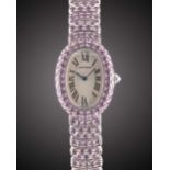 A FINE & VERY RARE LADIES 18K SOLID WHITE GOLD & PINK SAPPHIRE CARTIER BAIGNOIRE BRACELET WATCH