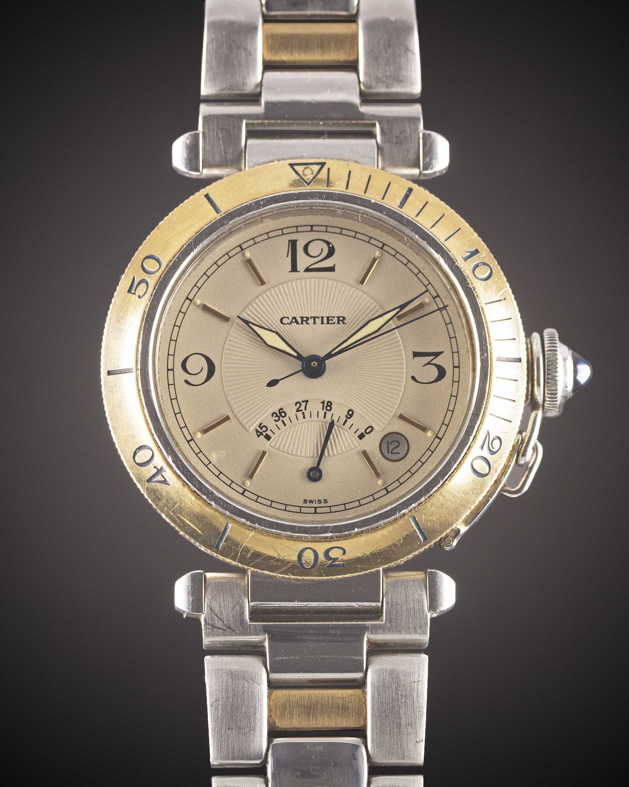 A GENTLEMAN'S SIZE STEEL & GOLD CARTIER PASHA AUTOMATIC POWER RESERVE BRACELET WATCH CIRCA 2000,