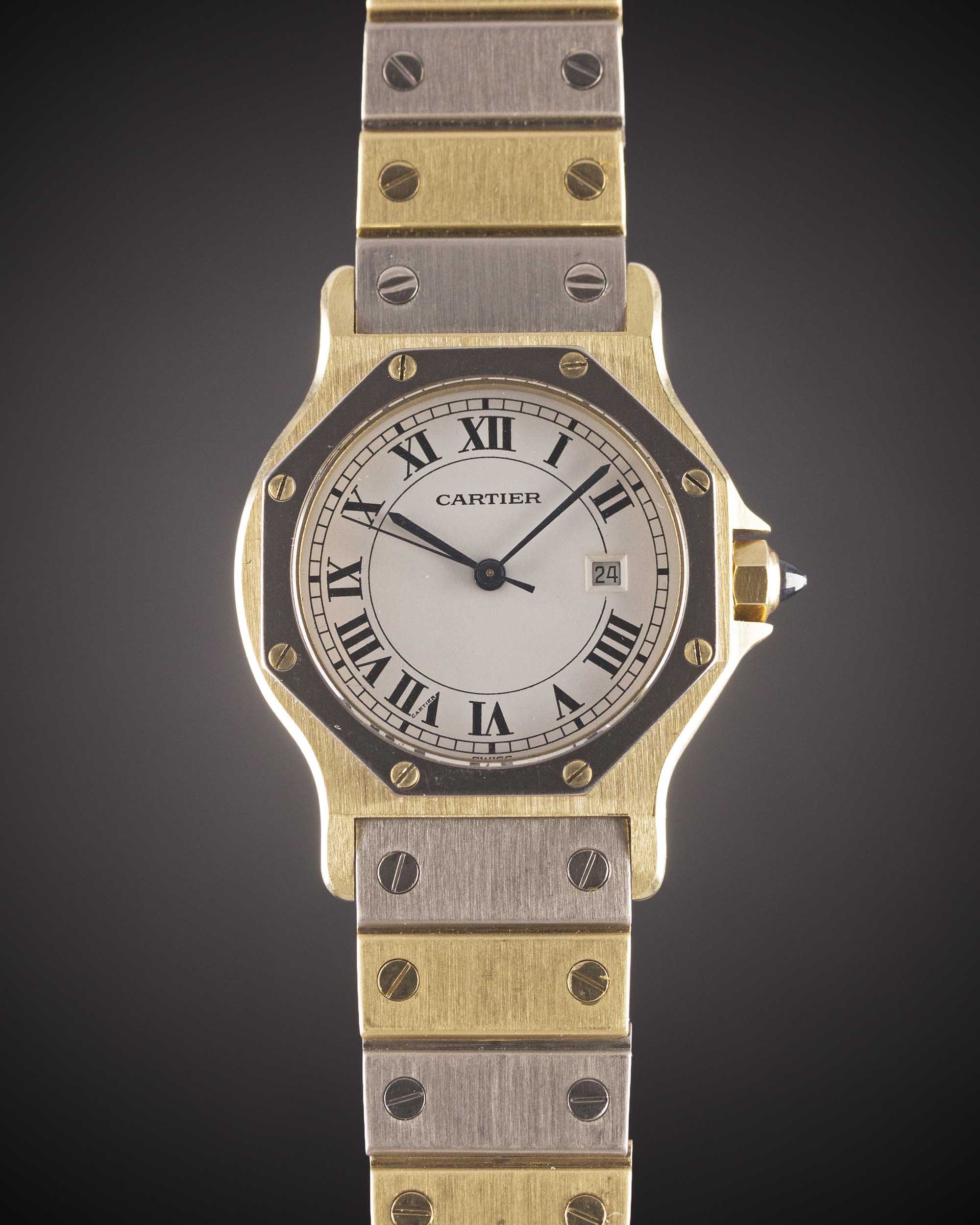 A RARE GENTLEMAN'S SIZE 18K SOLID WHITE & YELLOW GOLD CARTIER SANTOS OCTAGONAL AUTOMATIC BRACELET