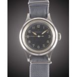 A GENTLEMAN'S STAINLESS STEEL BRITISH MILITARY JAEGER LECOULTRE RAF PILOTS WRIST WATCH DATED 1956,