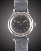 A GENTLEMAN'S STAINLESS STEEL BRITISH MILITARY JAEGER LECOULTRE RAF PILOTS WRIST WATCH DATED 1956,