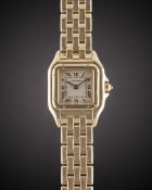 A LADIES 18K SOLID GOLD CARTIER PANTHERE BRACELET WATCH DATED 1992, REF. 8057917 WITH ORIGINAL BOX &