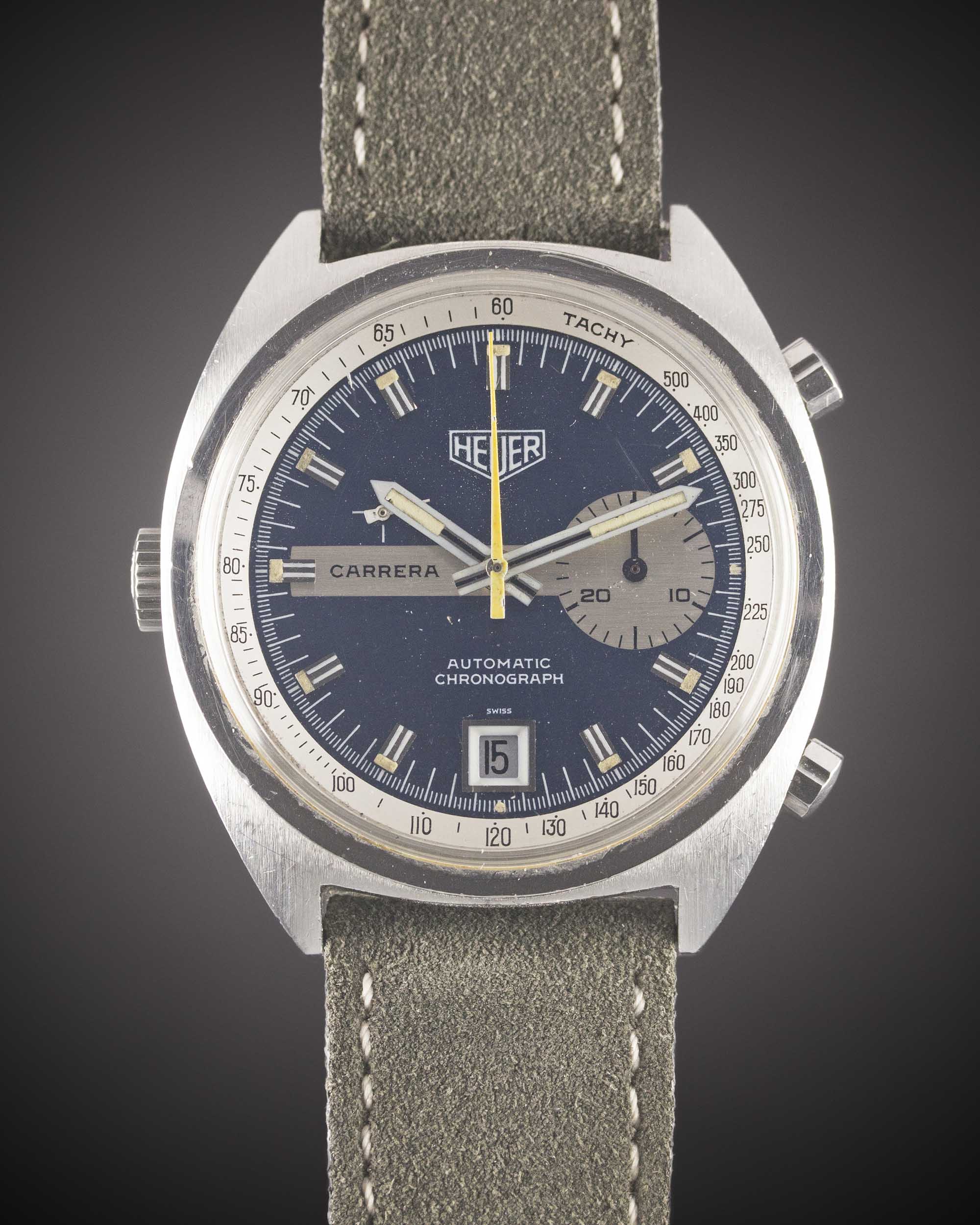 A GENTLEMAN'S STAINLESS STEEL HEUER CARRERA AUTOMATIC CHRONOGRAPH WRIST WATCH CIRCA 1970s, REF.