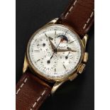 A GENTLEMAN'S 18K SOLID GOLD UNIVERSAL GENEVE TRI COMPAX TRIPLE CALENDAR MOONPHASE CHRONOGRAPH WRIST