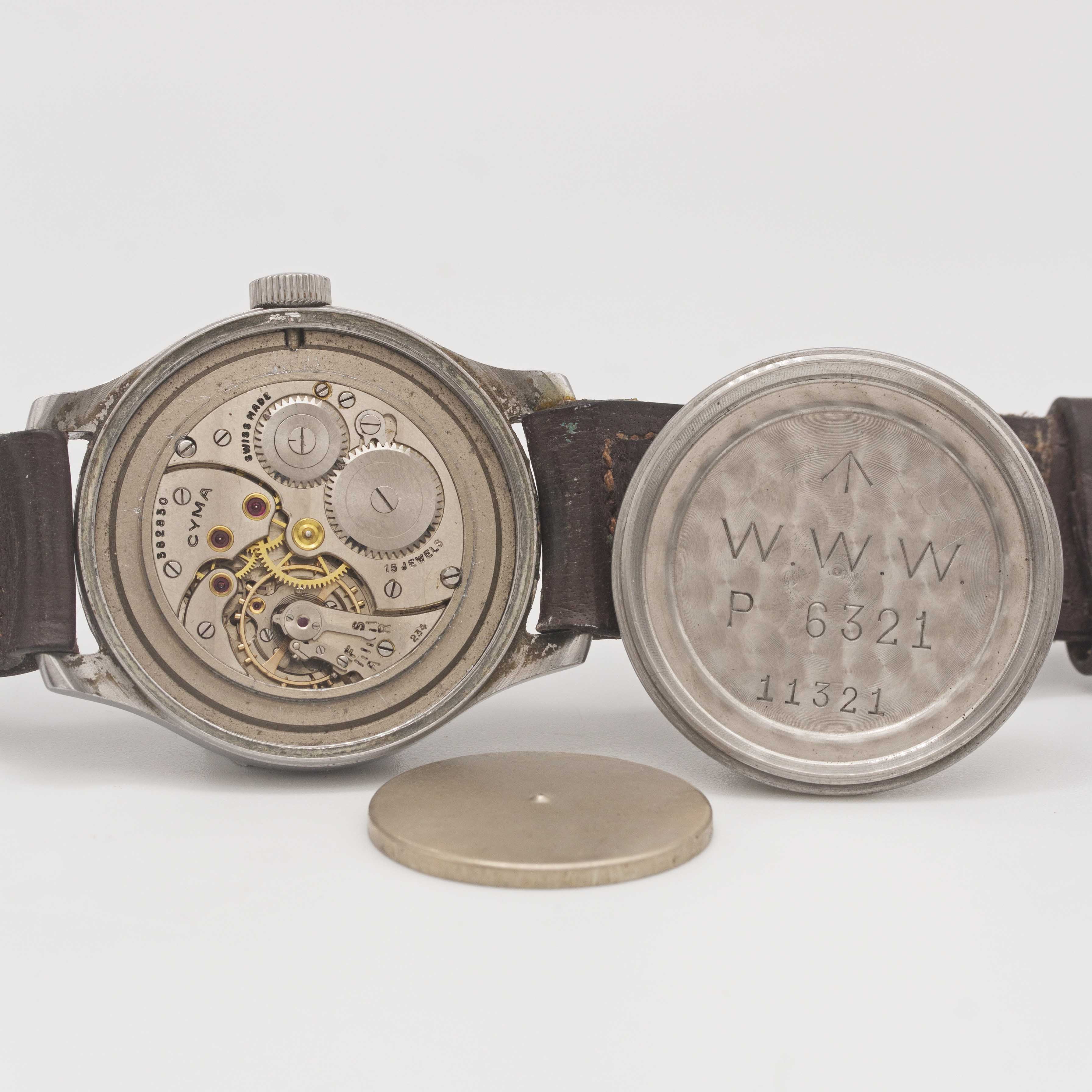 A GENTLEMAN'S STAINLESS STEEL BRITISH MILITARY CYMA W.W.W. WRIST WATCH CIRCA 1945, PART OF THE " - Image 7 of 9