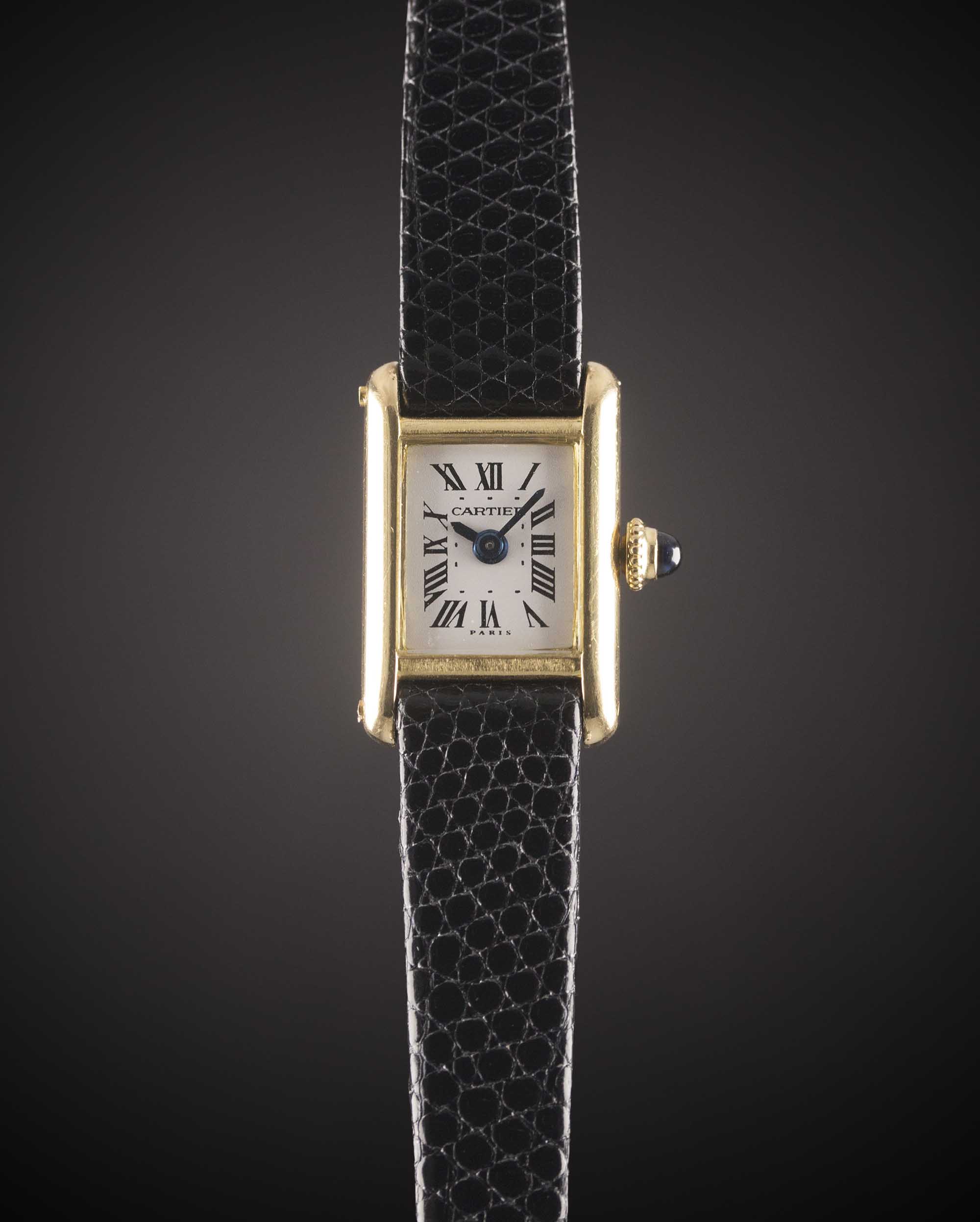 A LADIES 18K SOLID GOLD CARTIER PARIS "MINI" TANK WRIST WATCH CIRCA 1970s, WITH MANUAL WIND CAL. 845