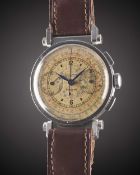 A RARE GENTLEMAN'S STAINLESS STEEL UNIVERSAL GENEVE COMPUR CHRONOGRAPH WRIST WATCH CIRCA 1936,