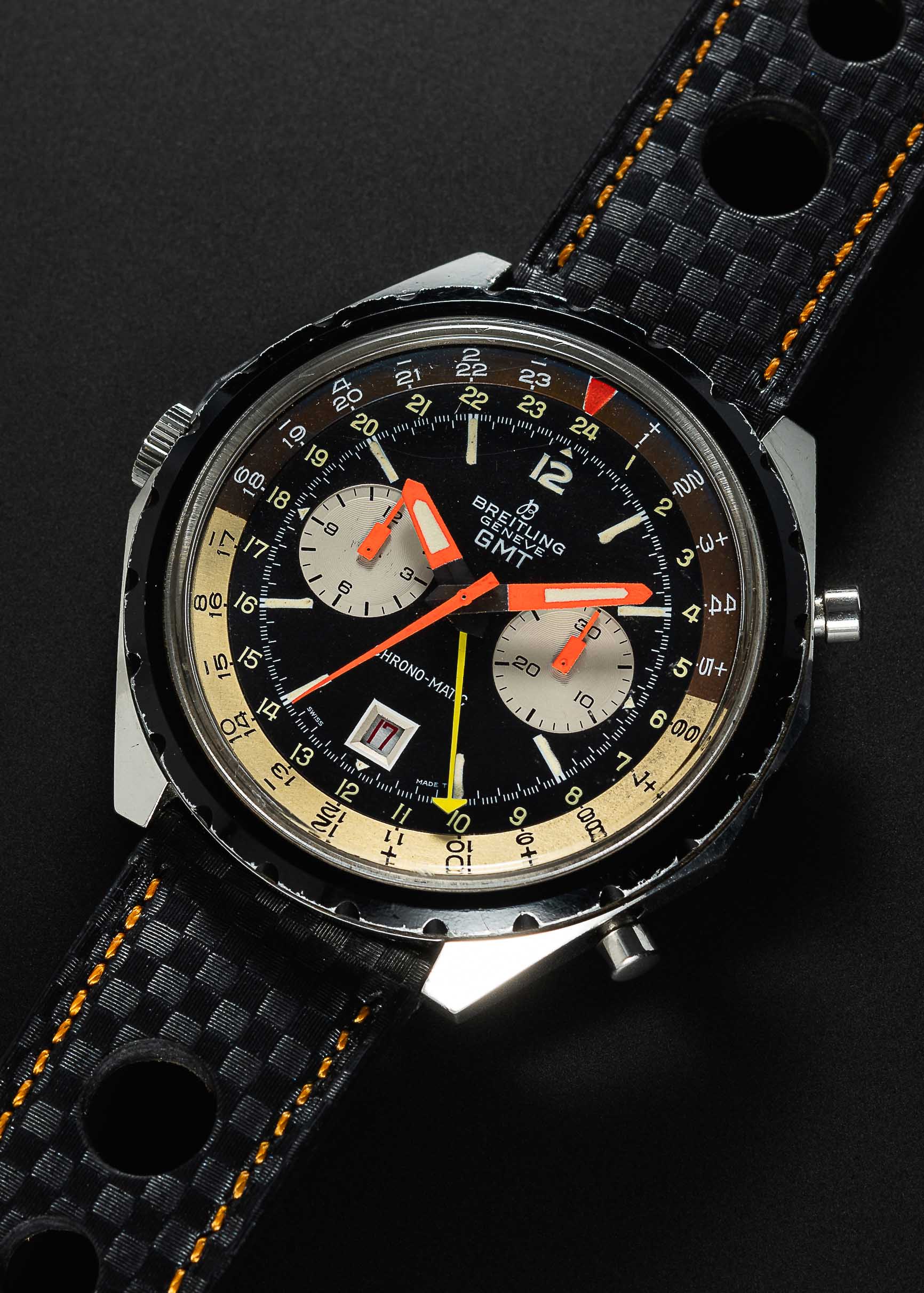 A RARE GENTLEMAN'S STAINLESS STEEL BREITLING GMT CHRONO-MATIC CHRONOGRAPH WRIST WATCH CIRCA 1970,