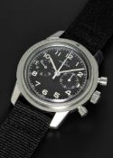 A RARE GENTLEMAN'S STAINLESS STEEL SWEDISH MILITARY LEMANIA "VIGGEN" PILOTS CHRONOGRAPH WRIST