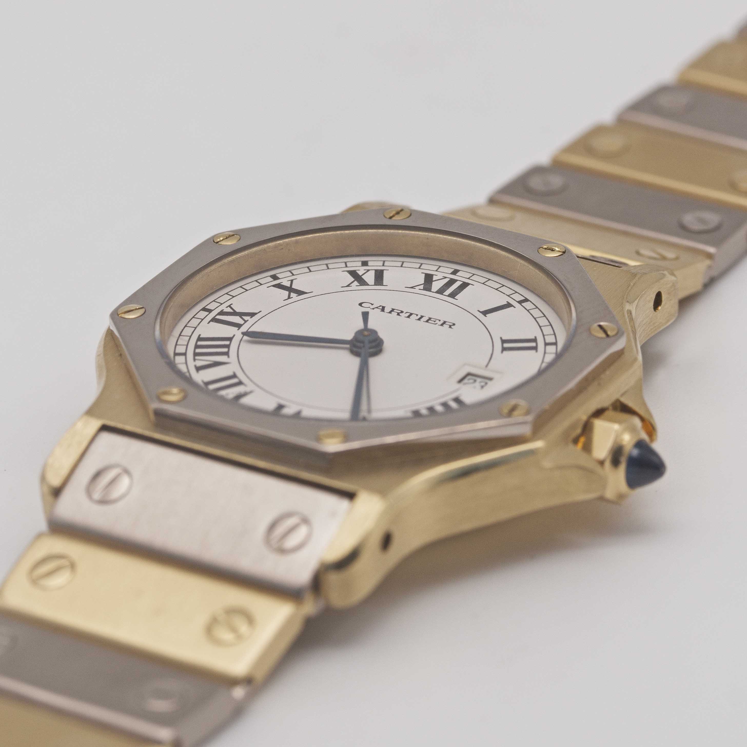 A RARE GENTLEMAN'S SIZE 18K SOLID WHITE & YELLOW GOLD CARTIER SANTOS OCTAGONAL AUTOMATIC BRACELET - Image 3 of 10