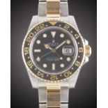 A GENTLEMAN'S STEEL & GOLD ROLEX OYSTER PERPETUAL DATE GMT MASTER II BRACELET WATCH DATED 2008, REF.