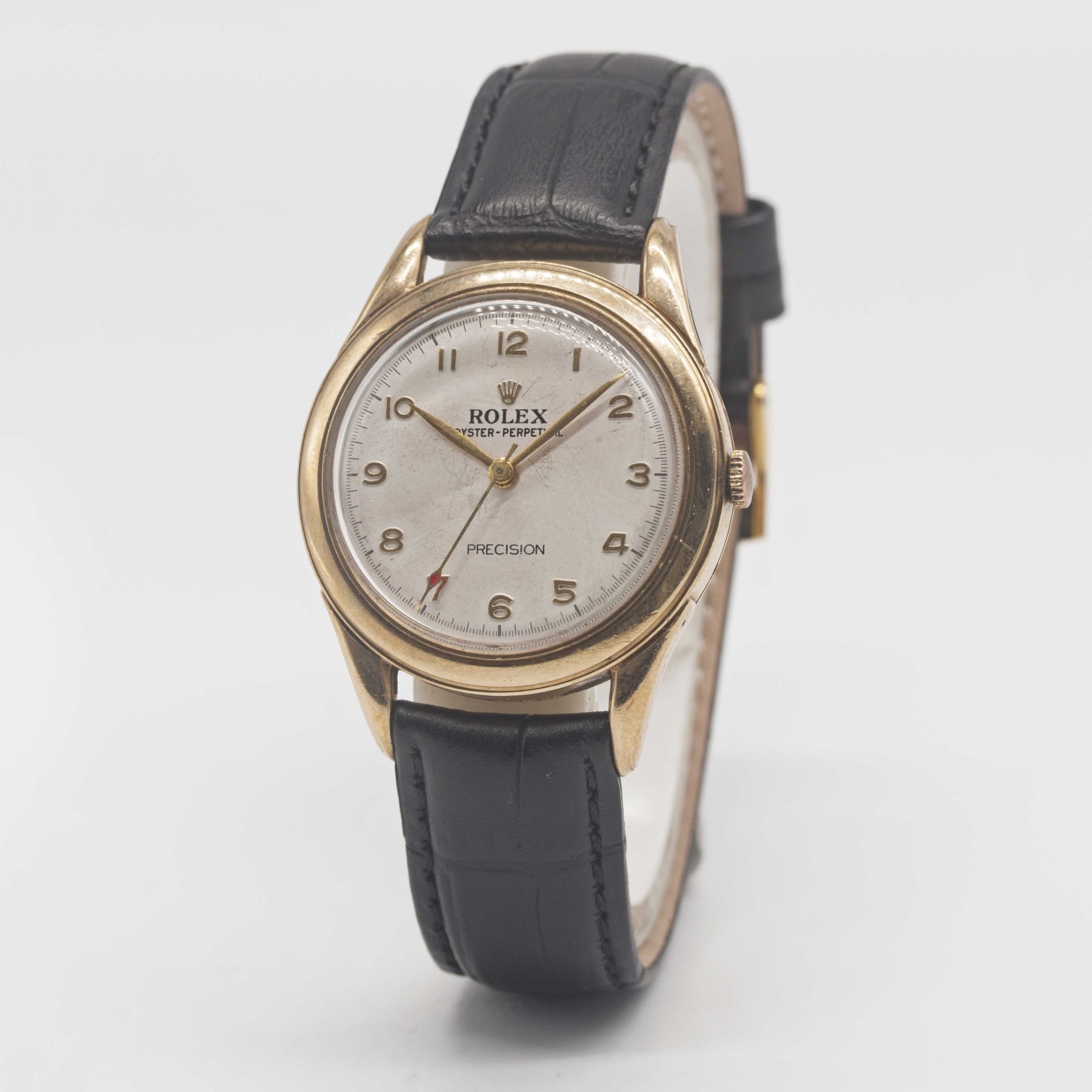 A GENTLEMAN'S 9CT SOLID GOLD ROLEX OYSTER PERPETUAL WRIST WATCH CIRCA 1950s Movement: Automatic " - Image 4 of 10