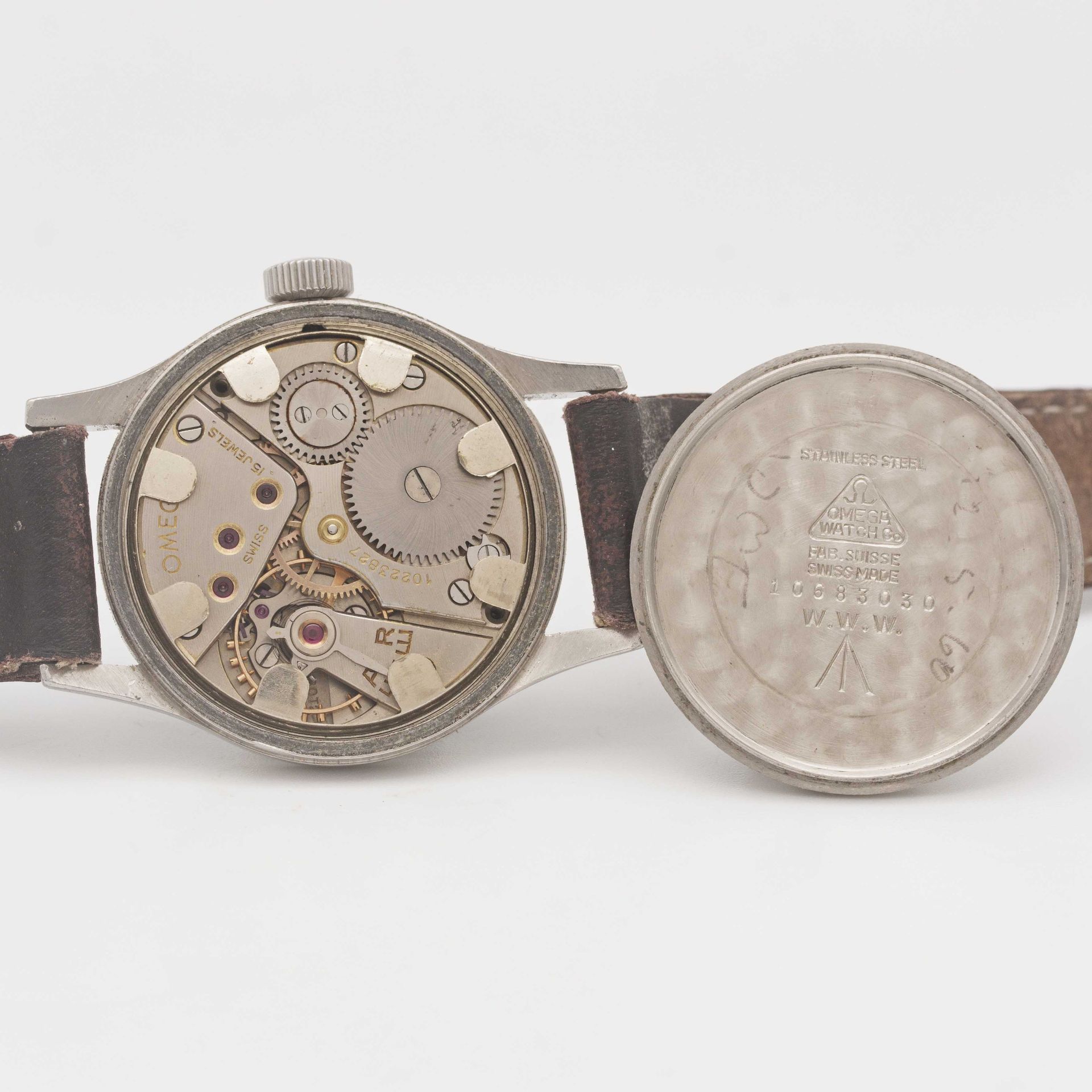 A GENTLEMAN'S STAINLESS STEEL BRITISH MILITARY OMEGA W.W.W. WRIST WATCH CIRCA 1945, PART OF THE " - Image 7 of 9