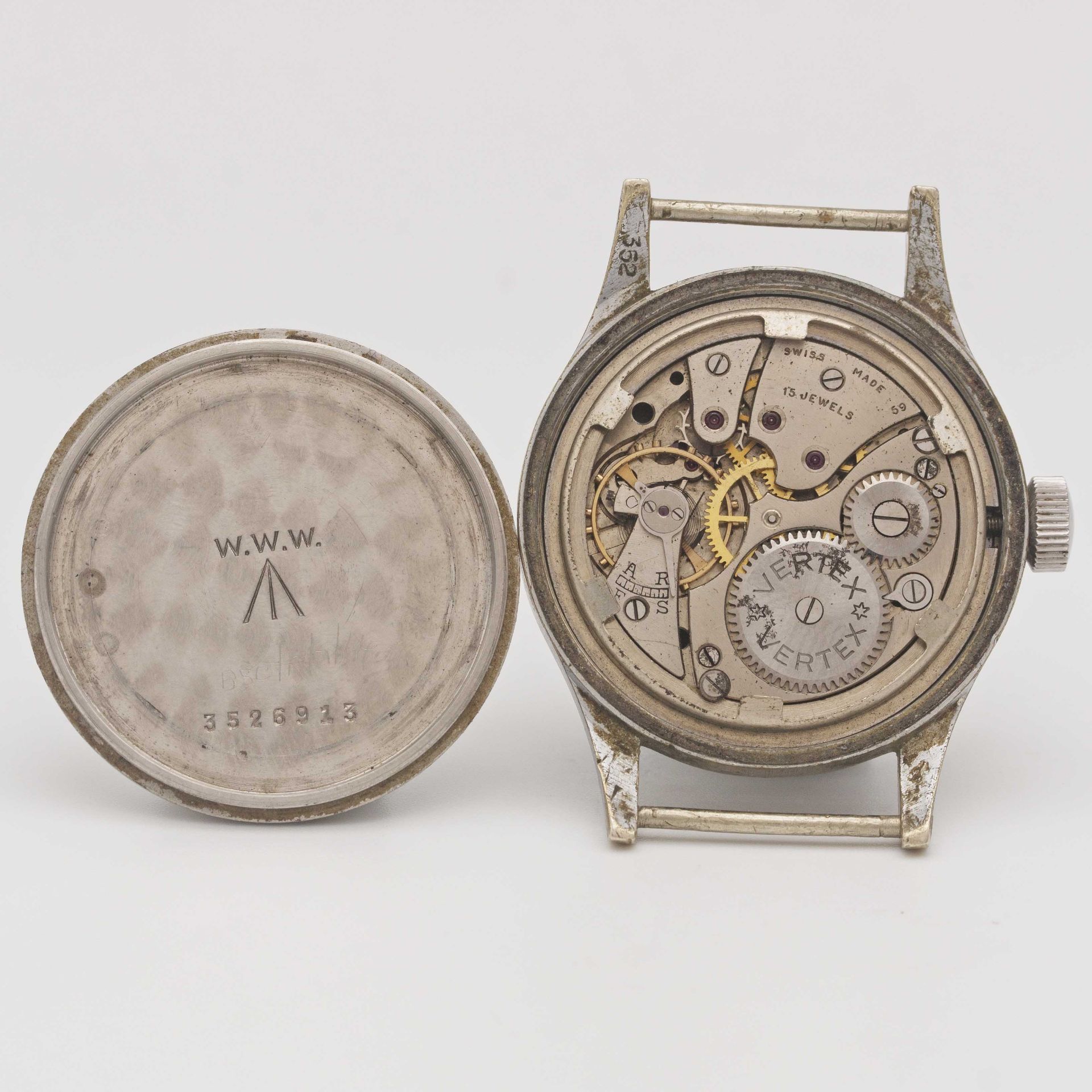 A GENTLEMAN'S BRITISH MILITARY VERTEX W.W.W. WRIST WATCH CIRCA 1940s, PART OF THE "DIRTY DOZEN", - Image 7 of 9