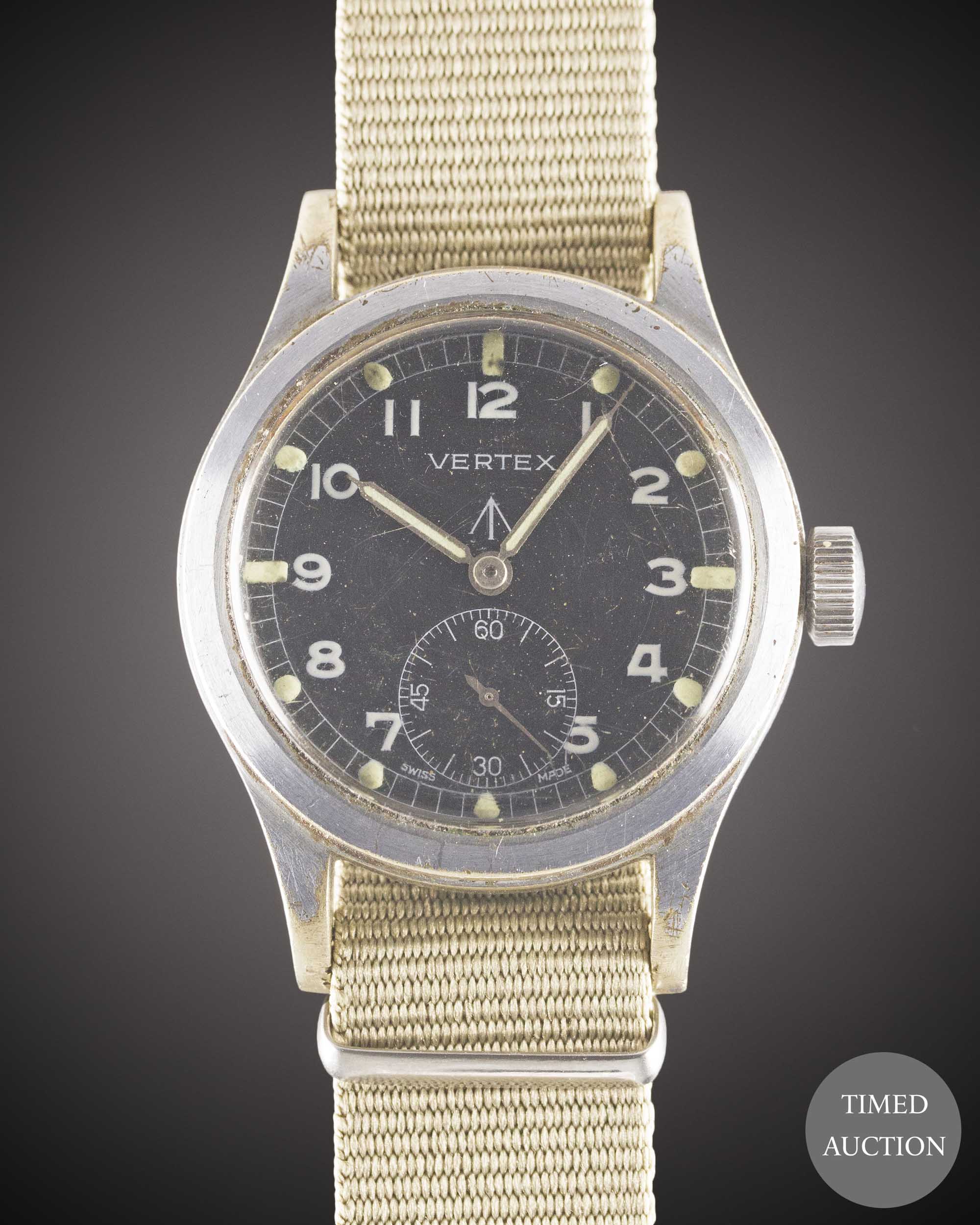 A GENTLEMAN'S BRITISH MILITARY VERTEX W.W.W. WRIST WATCH CIRCA 1940s, PART OF THE "DIRTY DOZEN",