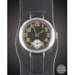 A GENTLEMAN'S SOLID SILVER ROLEX OFFICERS WRIST WATCH CIRCA 1918, WITH BLACK ENAMEL DIAL & CATHEDRAL