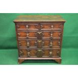19th century oak chest of drawers the top having moulded edge over two short and three long