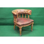 19th century mahogany and leather upholstered library tub armchair having buttoned back supported