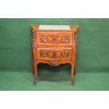 Marquetry inlaid bombe two drawer chest of drawers having foliate marquetry inlay with brass ormolu