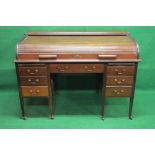 Mahogany roll top desk having D shaped tambour roll top over single central drawer with brass