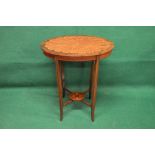 Mahogany and walnut oval occasional table the top having brass and wood inlay supported on square