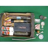 Two fire extinguishers, stirrup pump, first aid tin,
