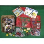 Meccano, wooden box with two lift-out sectionalised trays with parts, two set boxes with contents,