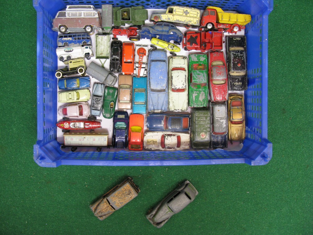 Crate of approx forty playworn diecast model vehicles from Dinky, Corgi, Husky, Lesney,
