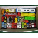 Box of approx thirty Matchbox cars and lorries, mostly with Superfast wheels,