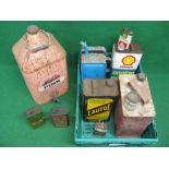 Crate of oil and fuel cans etc to include: pyramid Aladdin Pink with cap and tap,