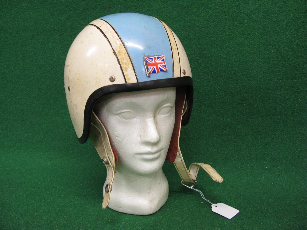 Mid 20th century motorcycle helmet on a polystyrene head (for display purposes only)