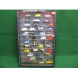 Purpose built wall mounted Perspex fronted display case with eleven glass shelves containing forty