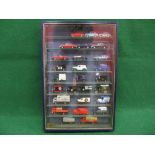 Purpose built wall mounted Perspex fronted display case with eight glass shelves containing twenty