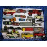 Box of diecast model vehicles by Matchbox, Husky, Spot-On, Dublo-Dinky, Tuf-Tots, Marx, Yatming,