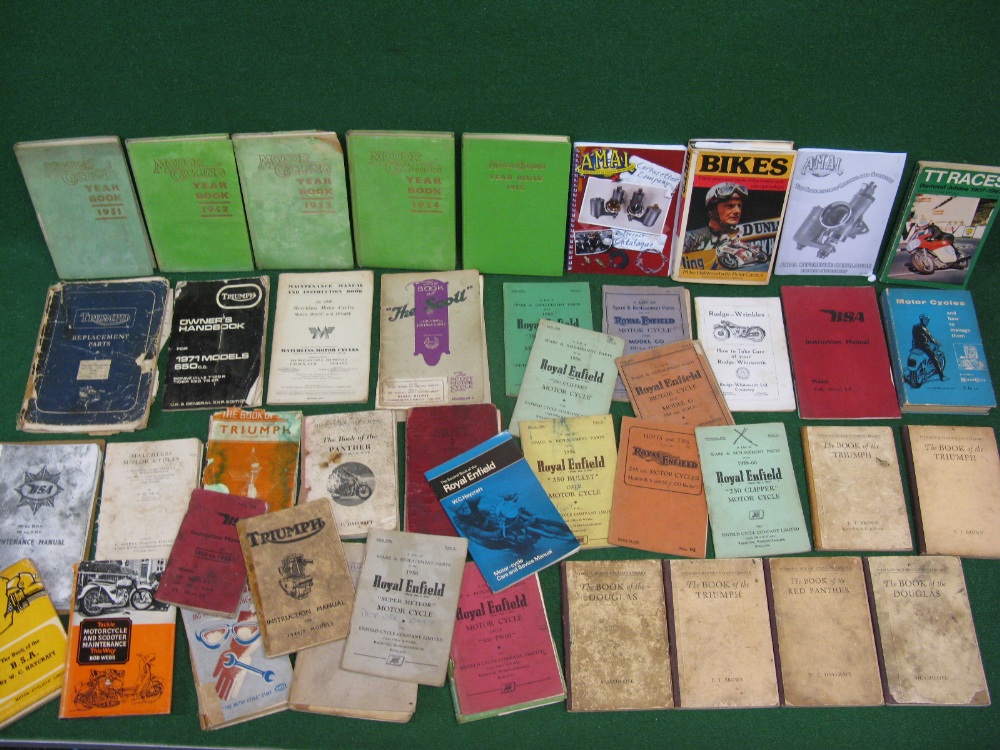 Quantity of motorcycle manuals, spares lists, instruction books etc for Triumph, Ariel, BSA,