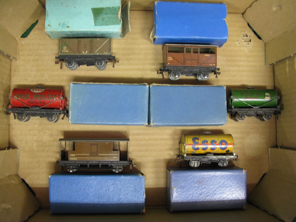 Six pre-war boxed Hornby Dublo wagons to comprise: Buff Esso,