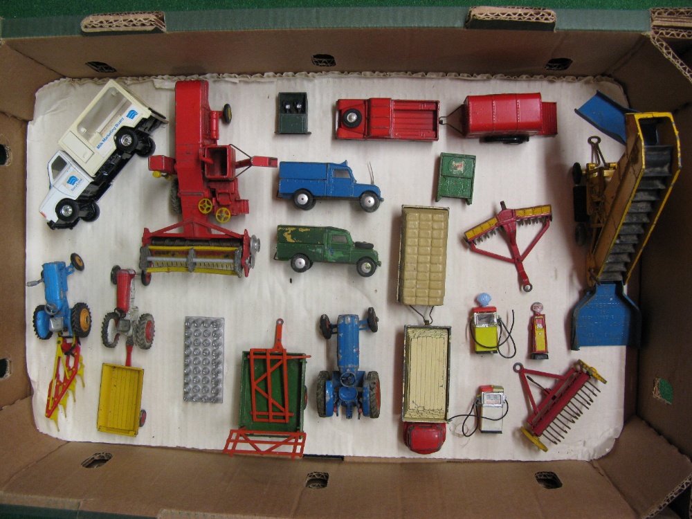 Box of Corgi and Dinky diecast mostly farming vehicles and implements together with milk van,