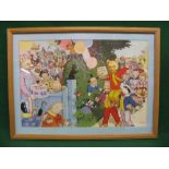 Colourful Rupert The Bear print by John Harrold featuring all the characters with an Anniversary