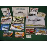 Quantity of plastic construction kits and catalogues from Airfix, Revell,